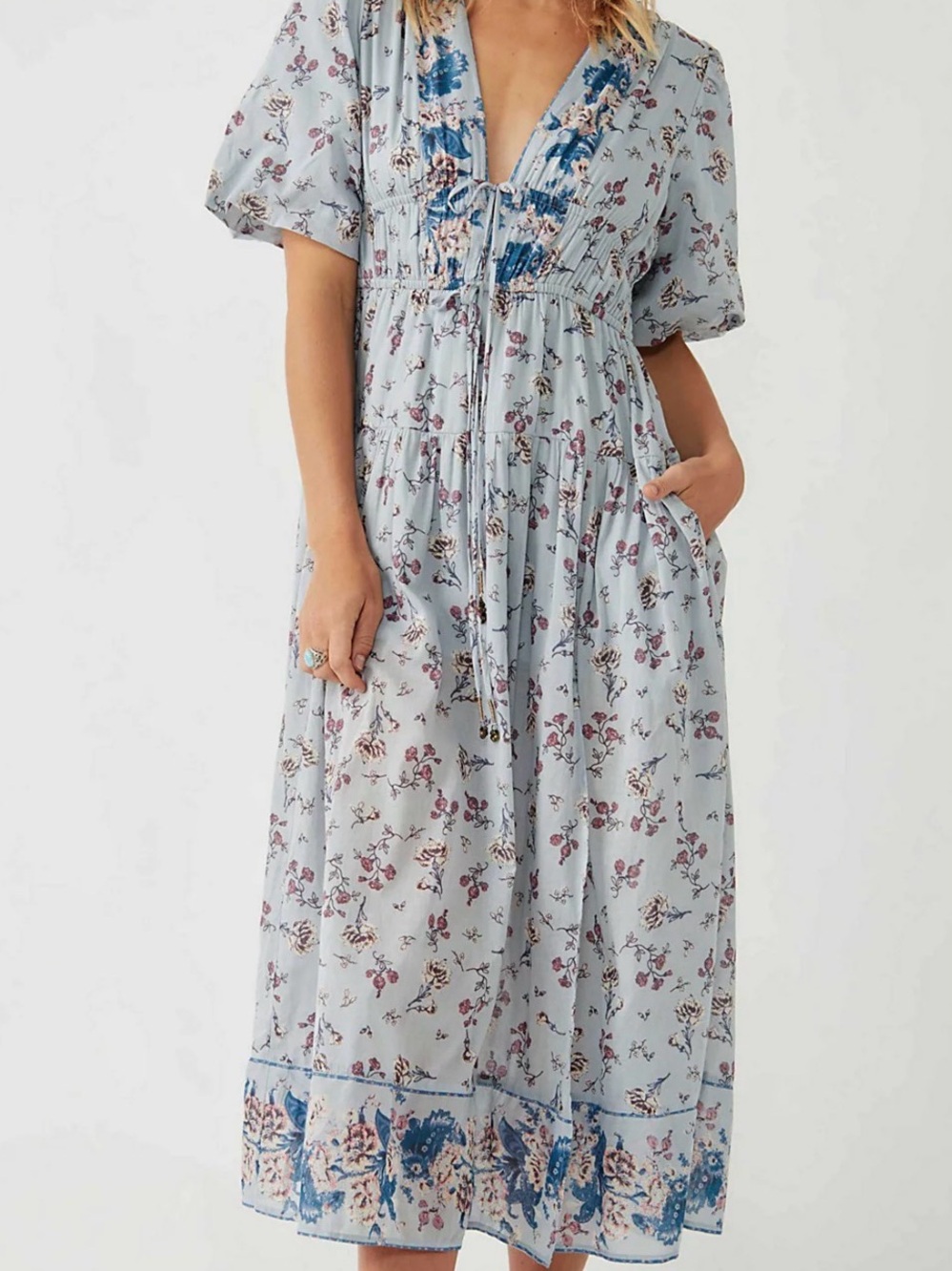Lysette Maxi Dress - Free People Pale Blue Floral Maxi Dress with Navy Trim